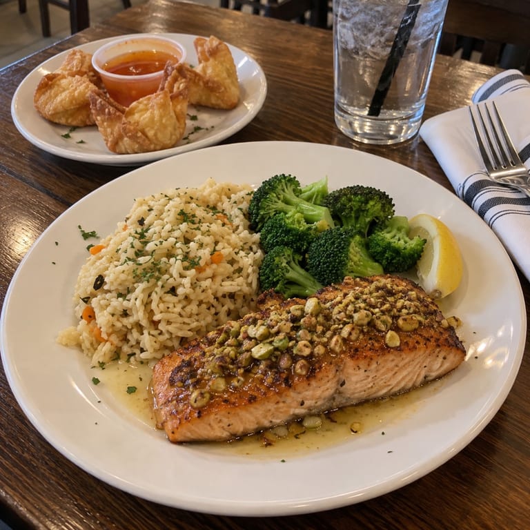 Pistachio Encrusted Salmon and Lobster Rangoons
