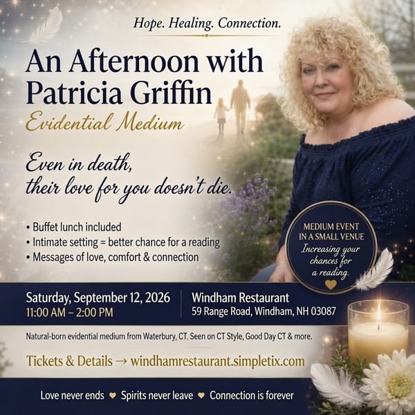 Event flyer for Patricia Griffin, an evidential medium, with her portrait and spiritual imagery.