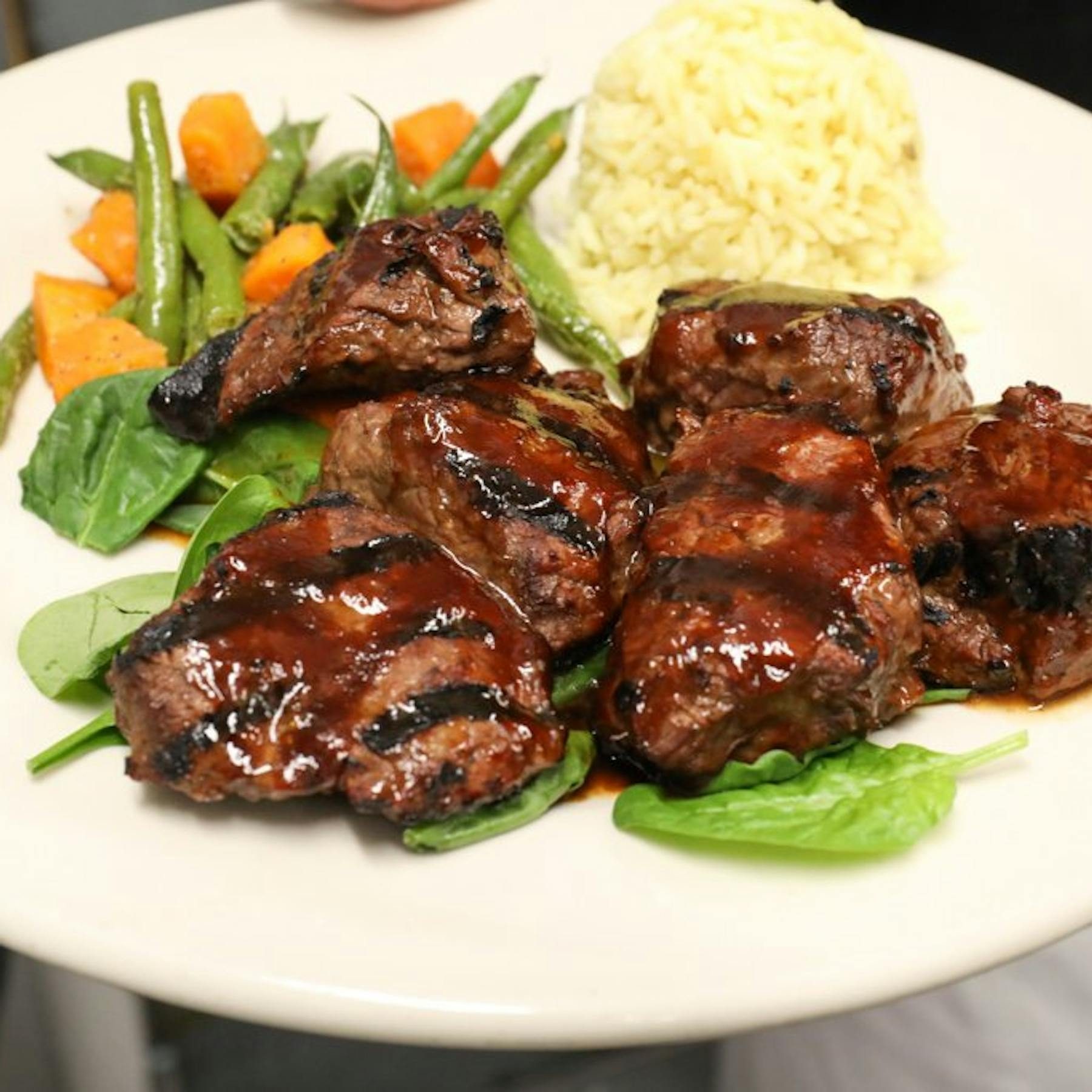 Family - Sirloin Steak Tips with Rice and Vegetables.