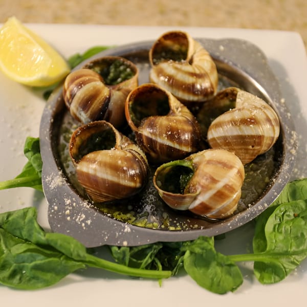 Escargots in shells with garlic butter, served on a metal plate with spinach and a lemon wedge.