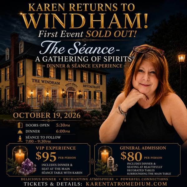 Karen smiles next to The Windham restaurant at night, advertising 'The Séance' dinner and experience.