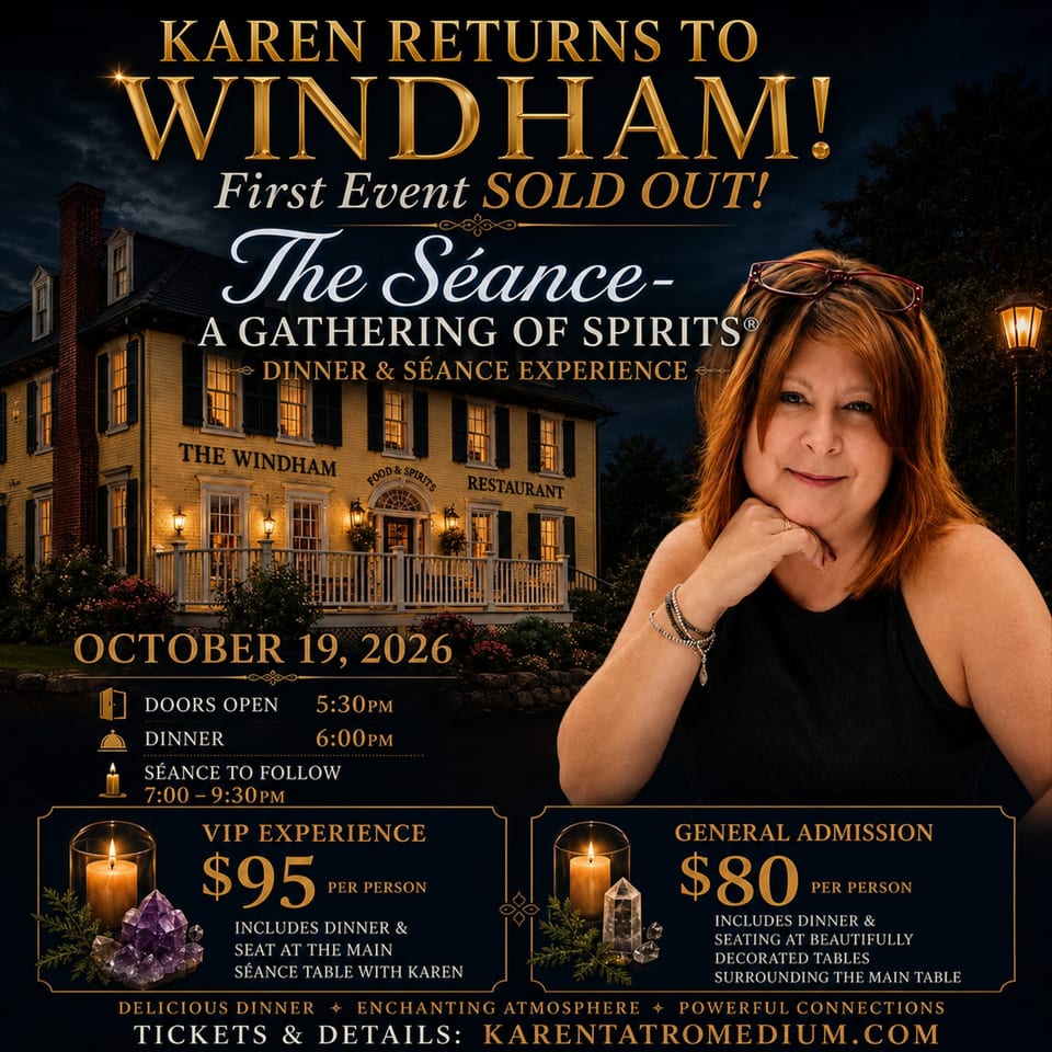 Karen smiles next to The Windham restaurant at night, advertising 'The Séance' dinner and experience.