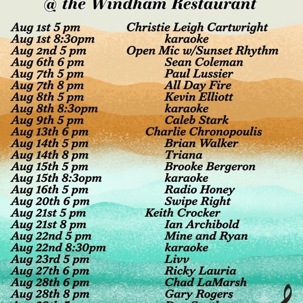 August event calendar for The Windham Restaurant, detailing live music, karaoke, and open mic nights.